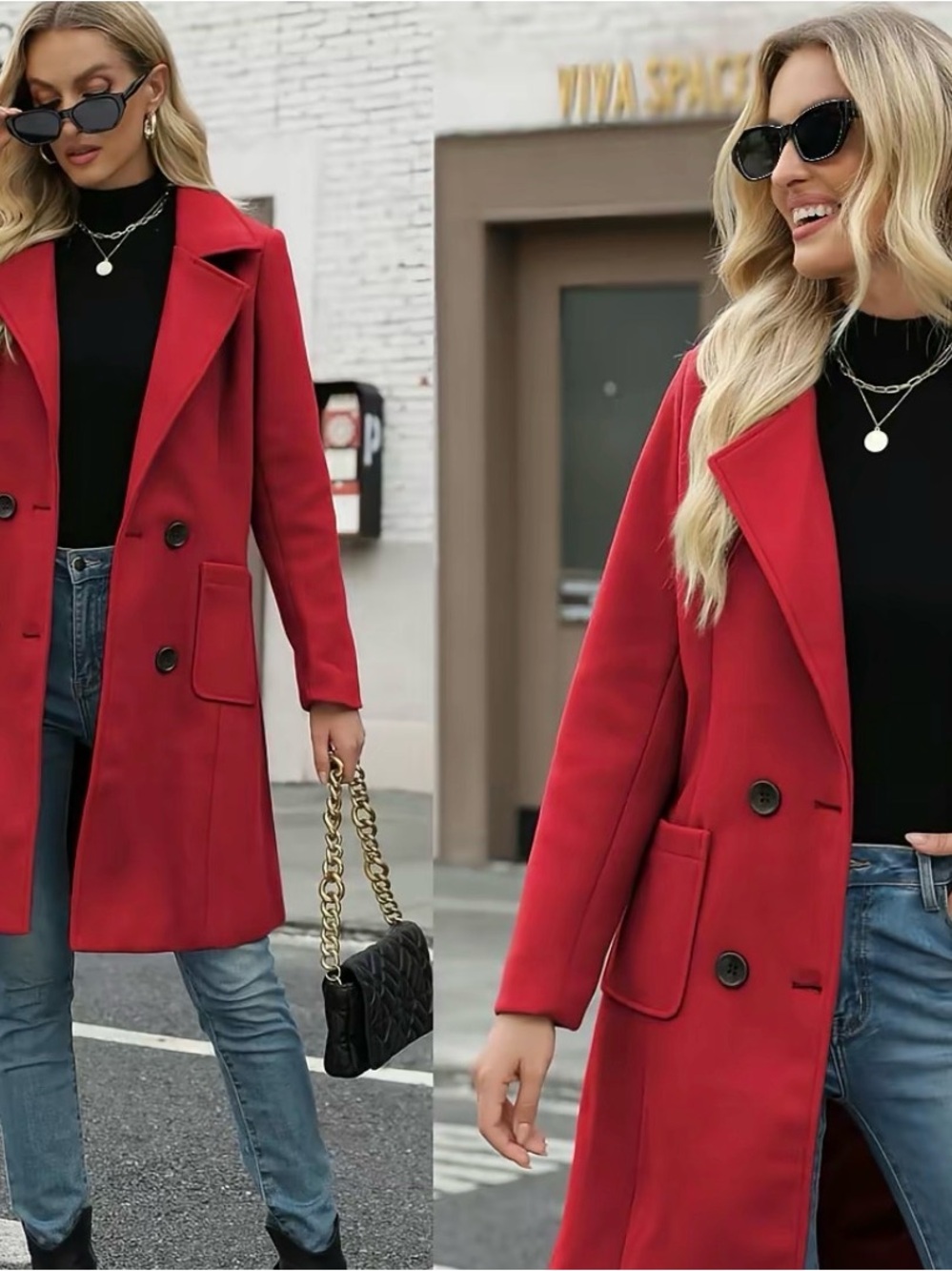 Women winter wool blend camel mid-long coat notch double-breasted lapel jacket